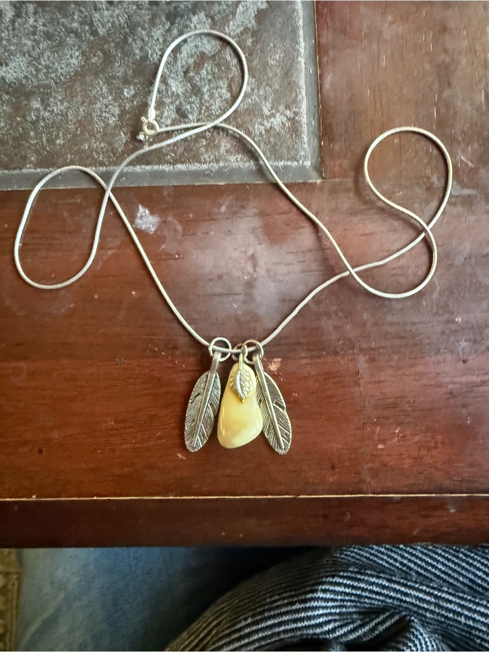 Silver Feather Necklace with Cream Teardrop Charm